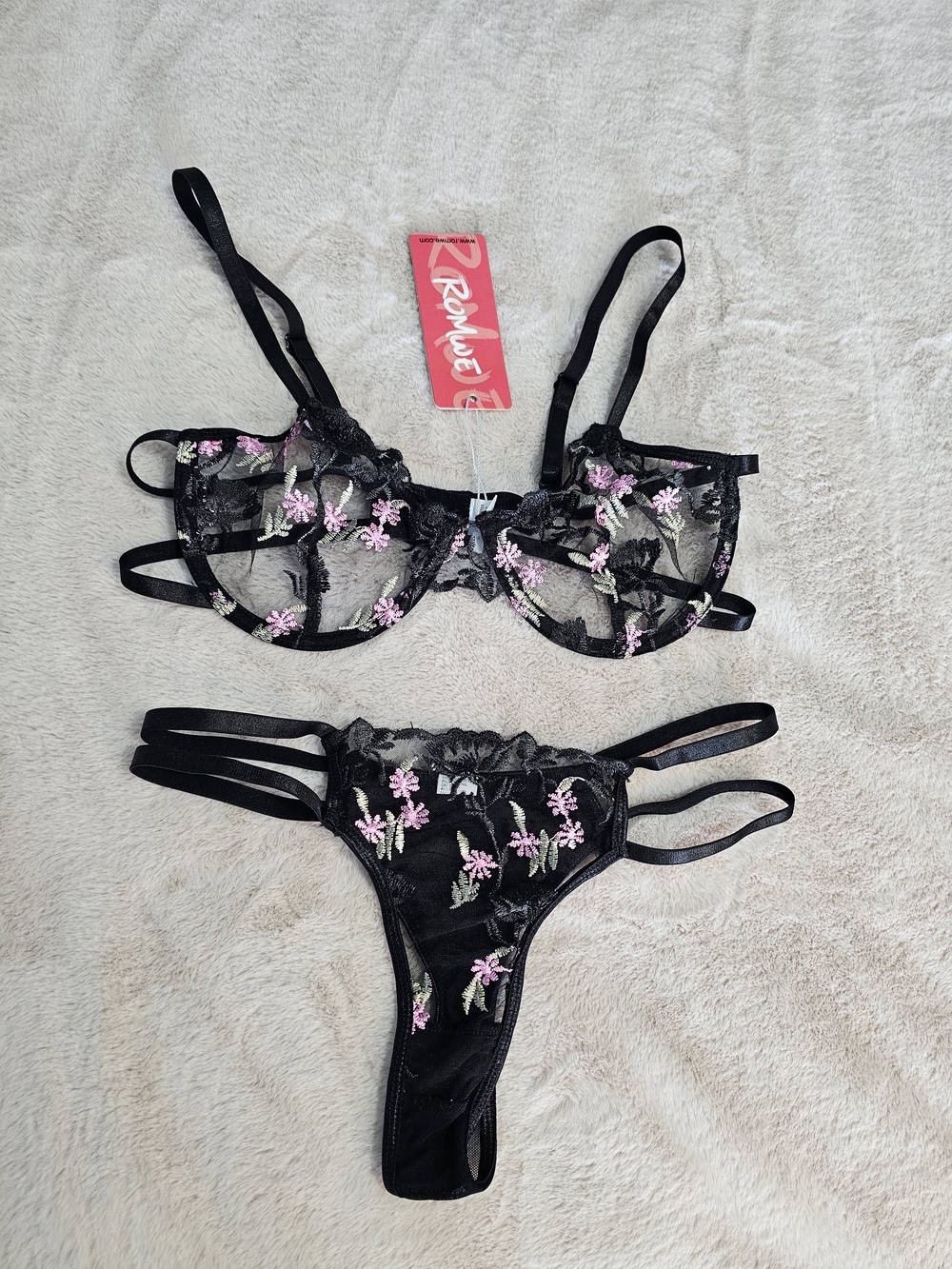 Black Sheer Floral Embroidered Lace Bra & Thong Set with Pink Flowers